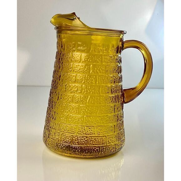 Vintage Amber Indiana Glass Brick Pattern Glass Water Pitcher W/Ice Lip CT0874 - Picture 1 of 7